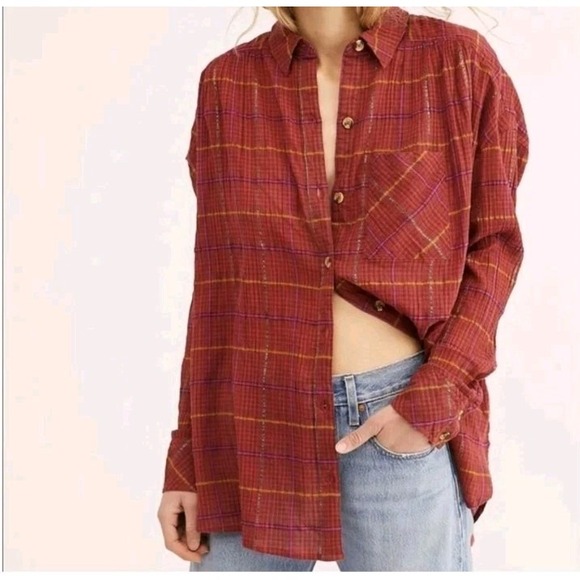 Free People Tops - Free People Break My Stride Semi Sheer Button Down Top‎ Sherry Combo Red Medium